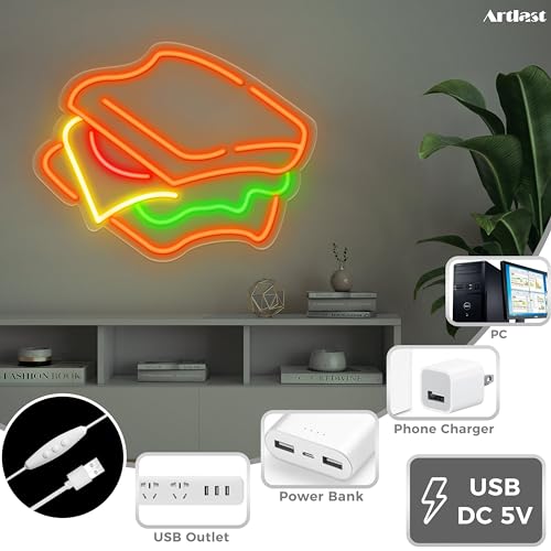 Image of Sandwich Neon Sign LED Sandwich Sign for Wall Decor Dimmable Neon Light for Fast Food Shop Decoration Wall Hanging Food Sign for Home Kitchen Restaurant Party Gift for Boys Girls