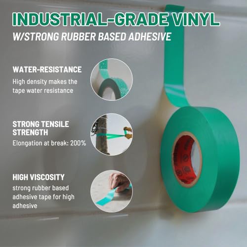 Image of RED WOLF 5 Pack Green Electrical Tape 3 /4 Inch x 66 Ft Industrial Grade UL /CSA Listed 7 Mil Thick Flame Retardant High Temp Waterproof Electrical PVC Tape Electric Super Vinyl Rated 600V