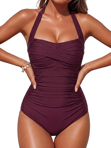 Image of Smismivo Tummy Control Swimwear Halter One Piece Slimming Vintage Retro Swimsuit Womens Ruched Push Up Bathing Suit