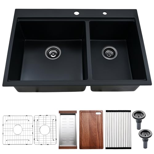 Kitead 33x22 Black Drop In Granite Composite Kitchen Sinks Double Bowl - 33 Inch Drop In Double Bowl Granite Sink 60/40 Workstation Black Quartz Kitchen Sink with Accessorie