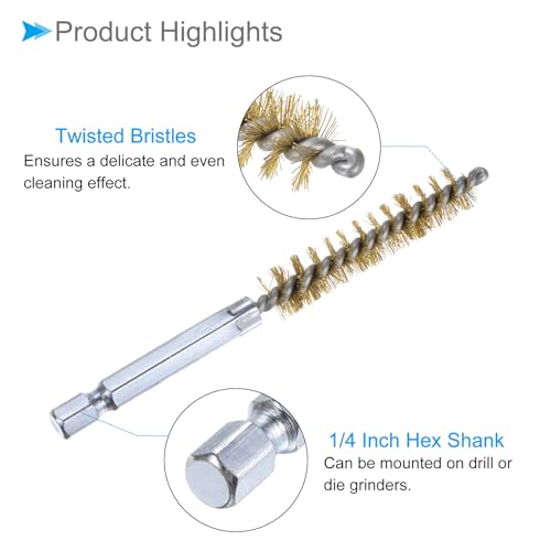 Image of Bore Brush, 10mm Dia 4 Inch Length, Brass Cleaning Wire Brushes with 1 /4 Inch Hex Shank - (Applications: for Power Drill, Die Grinder), 5-Pieces