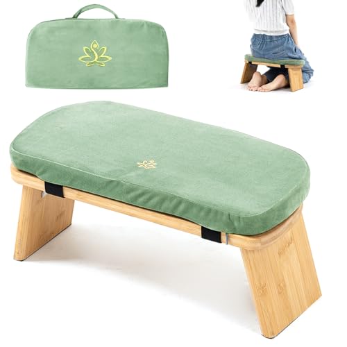 Meditation Bench, Bamboo Meditation Stool, Folding Kneeling Meditation Bench, Seiza Prayer Bench, Prayer Bench with Meditation Cushion, Kneeling Stool (Green & Bag)