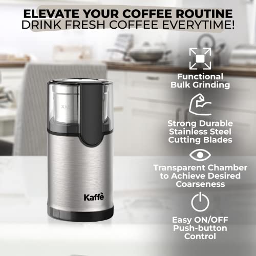 Kaffe Electric Blade Coffee Grinder W/Removable Cup. 4.5Oz 14-Cup Capacity. Cleaning Brush Included. Perfect Grinder For Coffee, Tea, Spices, Corn, Herbs. (Stainless Steel) #TOP1