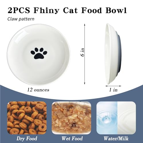 Fhiny 2PCS Cat Food Bowl,6\" Ceramic Cat Dishes with Silicone Bottom Shallow Whisker Fatigue Kitten Plates Set for Indoor Cats Non-Slip Wide Kitten Pet Whisker Friendly Bowl for Wet Food Water (Claw)