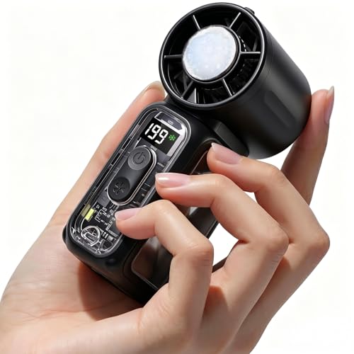 GlobalCrown Handventilator akku aufladbar (3600 mAh) mit LED Taschenlampe Mini Ventilatoren klein mit Kühlkompresse kleines Taschenformat für Reisen Konzerte Camping und sich schminken mit Spiegel