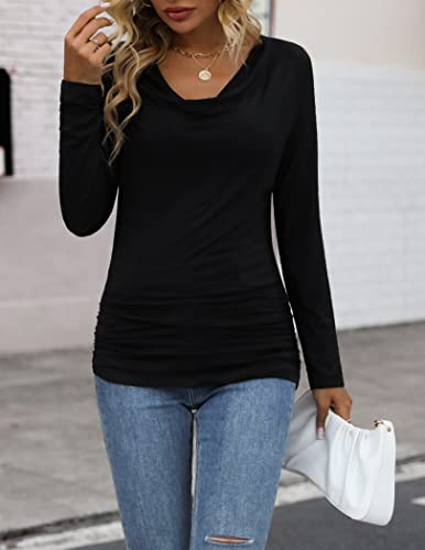 Zeagoo Womens Ruched Cowl Neck Tops Long Sleeve Stretch Blouse With Side Shirring #TOP1