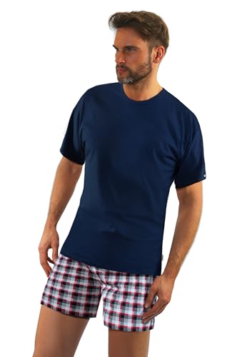 sesto senso Piżama męska, krótka, bawełniana, całoroczna, krótki rękaw, T-shirt: ciemnoniebieski; szorty: czerwono-biała w kratkę, XXL