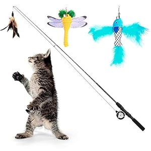 Pawaboo Plumeau de Jeu pour Chat, [3PCS] Baguette pour Chat Intéractive avec Plume Télescopique avec Jouets Interchangeables, Canne à Pêche Bâton Amusant Exercice Jouet Fil Chaser