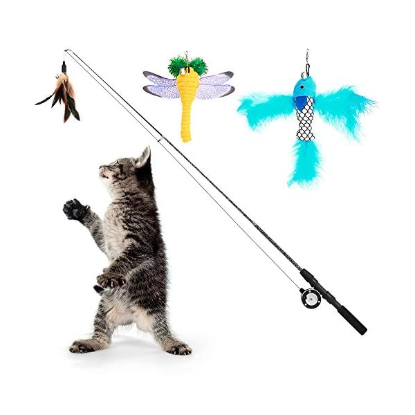 Pawaboo Plumeau de Jeu pour Chat, [3PCS] Baguette pour Chat Intéractive avec Plume Télescopique avec Jouets Interchangeables, Canne à Pêche Bâton Amusant Exercice Jouet Fil Chaser
