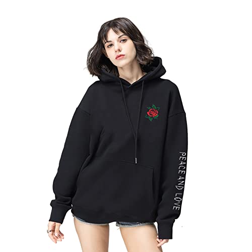Sunny Guo Rose Embroidered Hoodie Long Sleeve Letters Printed Hip Hop Hoodie Hooded Sweatshirt For Men Women (Black, S) #TOP4