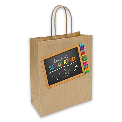 itenga Geschenkverpackung Einschulung Geschenktüte aus Papier inkl. Sticker Aufkleber Endlich Schulkind Stifte rechteckig