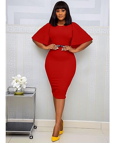 Image of Memoriesea Women's Basic Bodycon Ruffle Flared Short Sleeve Pencil Midi Dress
