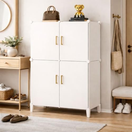 Image of Mevigo 12-Tier Shoe Rack with 4-Doors|Holds 24-Pairs |Waterproof & Dustproof Modular Plastic Shoe Cabinet|Foldable Stackable Shoe Organizer with MetalFrame |Space Saving Storage -White-HH3