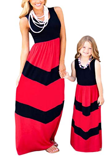 WIWIQS Summer Cute Mommy and Me Boho Striped Chevron Floor Length Dresses Red and BLK 2-3T