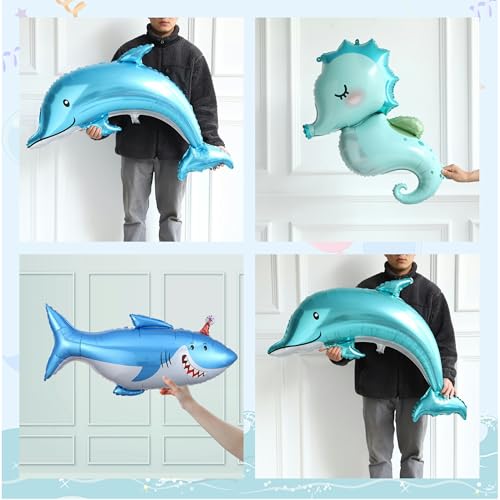 Image of Under the Sea Party Decorations, 154pcs Slate Blue Mist Green Balloon Garland Arch Kit, Bubble Balloons with Dolphin Shark Hippocampus Foil Balloon for Ocean Birthday Party Supplies Shark Party Decor