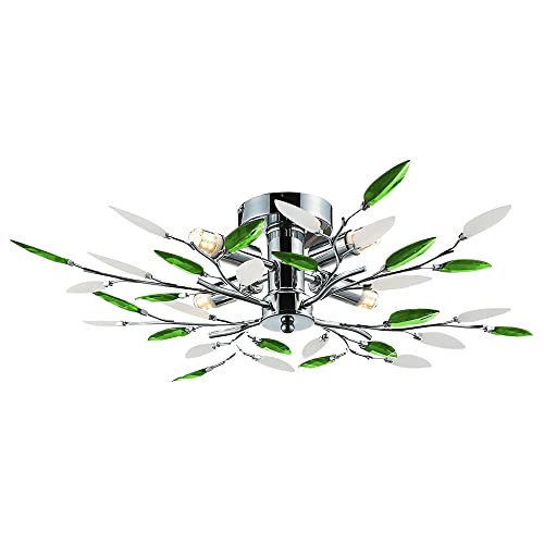 Happy Homewares Modern Semi Flush Chrome Ceiling Light with Emerald Green & Frosted Acrylic Leaves | 60cm Diameter | Perfect for Low Ceilings