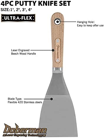 ROLLINGDOG 4PC Wallpaper Scrapers - Stainless Steel Putty Filling Knife Set with Laser Engraved Wood Handle for Scarping,Drywall Repairs and Spreading( 1",2",3",4")