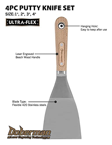 Rollingdog 4Pc Putty Knife Scrapers - Stainless Steel Spackle Knife Set With Laser Engraved Wood Handle For Scrapering,Drywall Repairs And Spreading(1",2",3",4") #TOP2