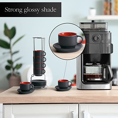 Miamio - 2.5 Oz Espresso Cup Set With Saucers Coffee Mug Set Of 6 - Ceramic Coffee Mug Stackable Espresso Mug With Stand For Coffee Drinks, Latte, Cafe Mocha - Le Papillon Collection (Red) #TOP6