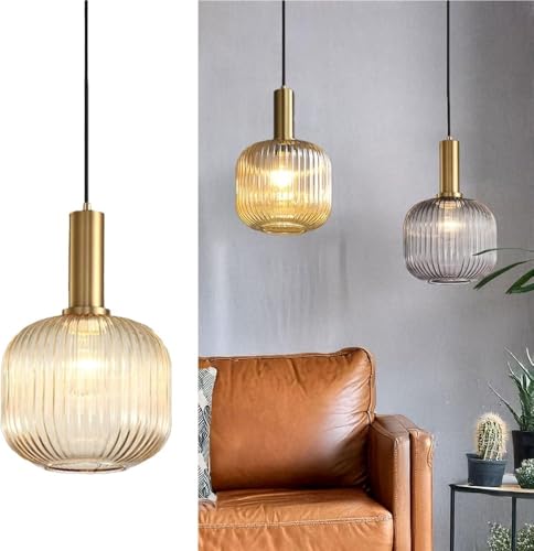 Suspension en verre ambré TQHGM et laiton avec cordon réglable pour plafond