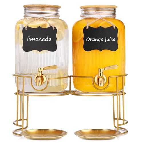 Drink Dispensers For Parties- 1 Gallon Beverage Dispenser with Stand and Spigot 18/8 Stainless Steel Leak-proof- Sun Tea Glass Jar For Outside, Juice Lemonade Dispenser