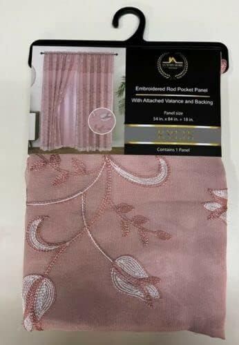 Set of 2 Kylie Embroidered Curtain Panels with Attached Taffeta Backing and Valance, 108" Wide x 84" Long (Blush Pink)