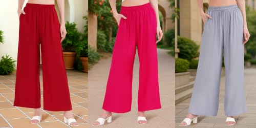Image of Buy That Trendz Palazzo Pants for Women Rayon Elasticated Regular Fit Flared Wide Leg M to 6XL Pack of 3