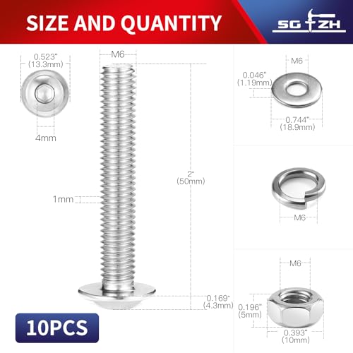 M6 x 50mm Flanged Button Head Socket Cap Screws Bolts, Nuts, Flat & Lock Washers, 10Pcs 18-8 (304) Stainless Steel, Bright Finish, Fully Threaded, by SG TZH (with Hex Spanner) by SG TZH - Used condition - Image 2
