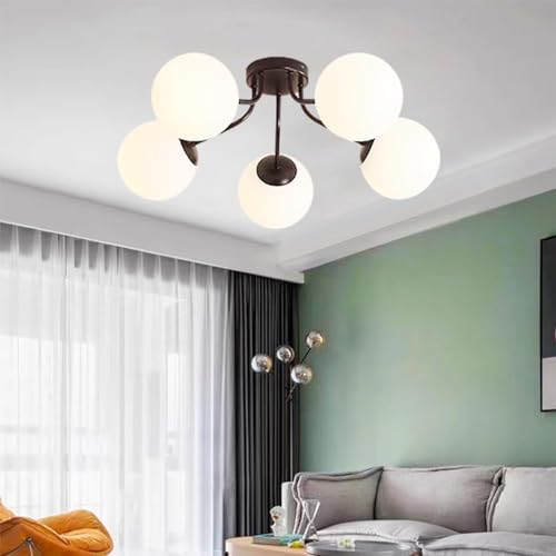 Image of Prop It Up Modern Globe Ceiling Light, 5-Light Semi Flush Mount, Black Metal Frame with White Glass Shades, Without Bulb