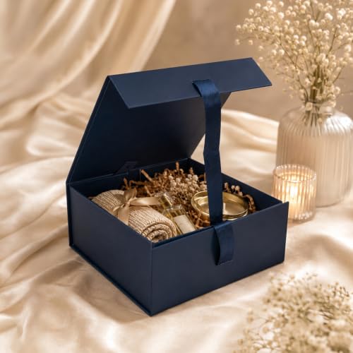 Image of Kura by Ekhasa Foldable Large Multipurpose Gift Hamper Box (21.5 x 21 x 9.5 cm) with Magnetic Closure & Ribbon | Blue Rigid Cardboard Empty Reusable Packing Box | Birthday, Wedding & Festive Gifting