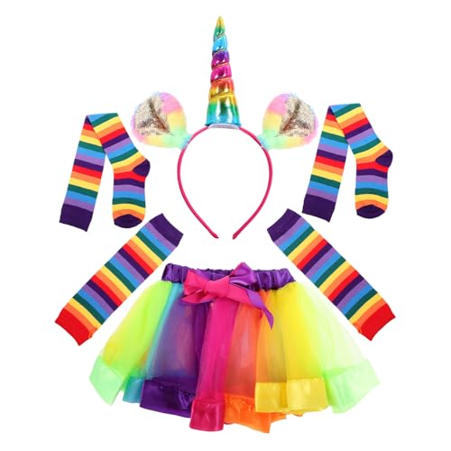 Falda Tutú Arcoíris Cómoda y Flexible Set Infantil de Disfraz Unicornio con Guantes