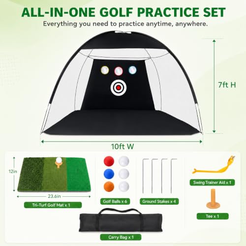 Golf Practice Net 10x7ft with Mat & Balls, Garden Golf Hitting Net for Driving & Chipping, Swing Trainer Aid, Portable Backyard Golf Training Net Indoor Outdoor with Carry Bag - Image 2