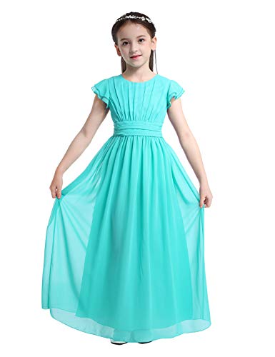 Aislor Kids Big Girls Flutter Sleeve Ruffle Chiffon Flower Girl Dress Wedding Bridesmaid Long Ball Gowns