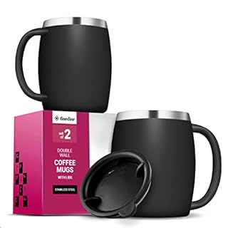 Insulated Stainless Steel Coffee Cups (Set Of 2) BPA-Free Spill Proof Lid- Double Wall Camping Travel Mugs With Handle- Tough & Shatterproof Coffee & Tea Mug, Takeaway Coffee Cup for Hot Drinks- 414ml