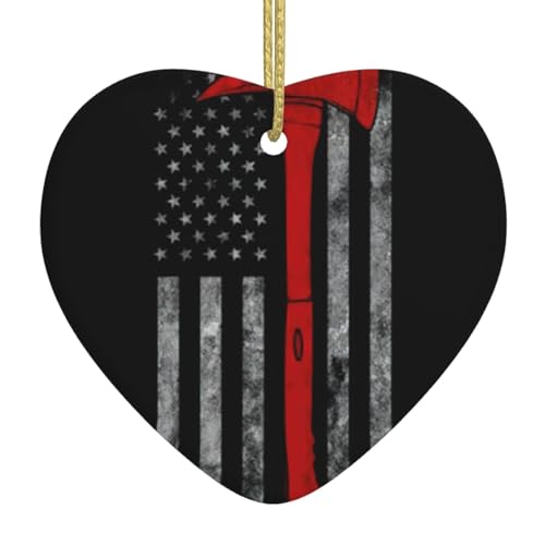 Firefighter Axe Red Line Flag Printed Ceramic Christmas Heart Pendant, Christmas Tree Decoration With Gold Thread Rope