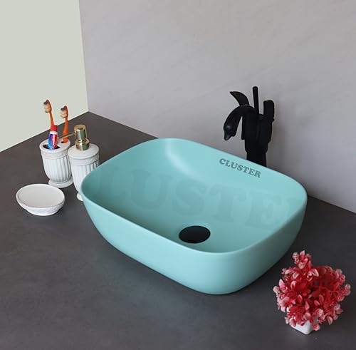 Image of CLUSTER Designer Table Top Wash Basin For Bathroom | Ceramic Bathroom Sink | Over Counter Wash Basin for Hotel, Resturent (18x13x6 Inch) (Matt Blue)