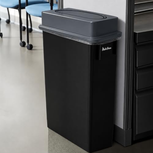 Image of PLASTIC PRINCE 23 Gallon Slim Trash Can with Swing Lid Commercial Rectangular Garbage Can with Drop Shot Lid Waste Bin with Double Flip Top for Restaurant Home Kitchen Office, Black /Gray 2 Pack