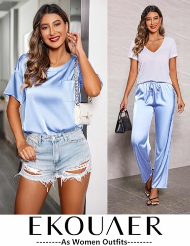 Image of Ekouaer Womens Satin Silky Pajama Set Short Sleeve Shirt with Long Pajama Pant Set Soft PJ Loungewear