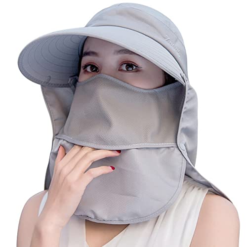 Image of Women Wide Brim Face Mask Sun Hat Detachable Neck Face Flap Ponytail UV Protection Visor Hat Garden Fishing Hiking