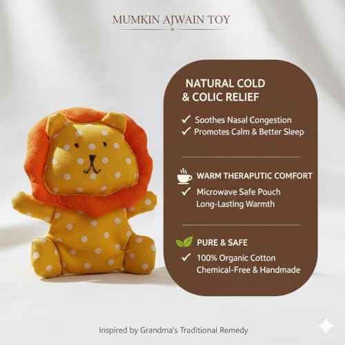 Image of Mumkin Lion Soft Toy New Born Baby Essentials 0-6 months, Ajwain Potli for Baby Cold and Cough Relief Products | Organic Cotton Toys for Babies Handmade Gifts, 1 Year Old Baby Girl Birthday Gift (Lion - Multicolor)