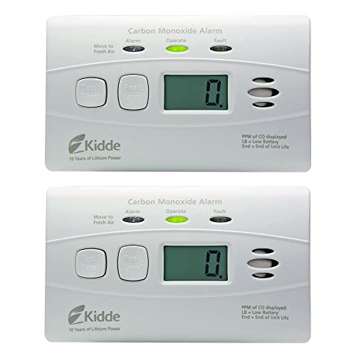 Kidde Carbon Monoxide Detector with 10-Year Battery, Digital Display, 3 LEDs, Replacement Indicator, Peak Level Memory, 2 Pack