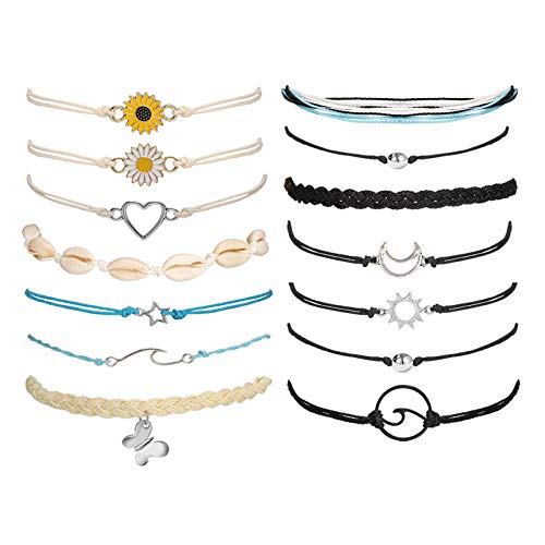 14 Pcs Anklet Bracelet for Women Set Boho Bracelets Waterproof Wave Anklets for Girls Beach/Birthday Gifts