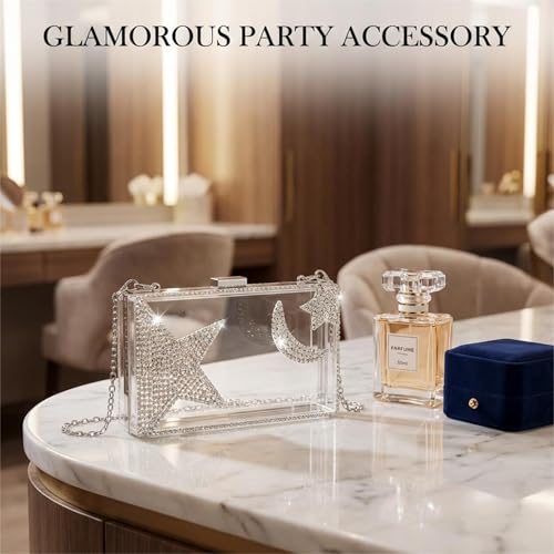Image of Ladies Clear Acrylic Moon and Star Rhinestone Chain Bag Sparkly Transparant Clutch Purse for Women Evening