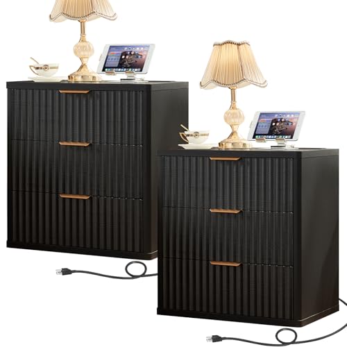 Image of LEYAOYAO 23 inch Wide Fluted Farmhouse Night Stand Set of 2 with Charging Station, 3 Drawers Large End Table w /Metal Handle,Black Nightstand Bedside Table,Wood Dresser for Bedroom, Closet