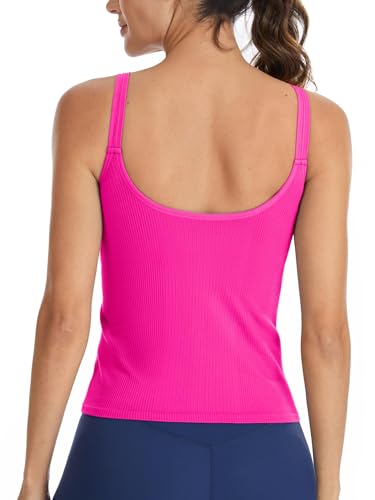 Image of ATTRACO Ribbed Seamless Tank for Women Built in Bra Athletic Yoga Vest Hot Pink XS