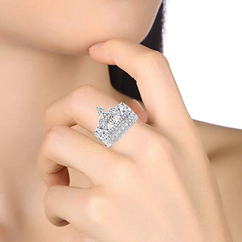 2.40ct Real 925 Sterling Silver 14k gold plated Cubic Zircon Wedding Engagement Princess Tiara Queen Crown 2pc set Love Ring The best gifts for Women2
