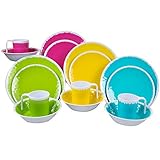 Melamin Camping Geschirr für 4 Personen in BUNTEN Farben 16 Teile - mit je 4 großen Teller, 4 Dessertteller, 4 Schälchen, 4 stapelbare Tassen - sehr robust - farbecht - sommerliches Design