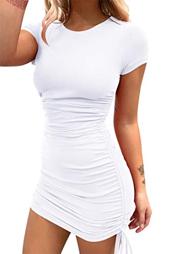 LAGSHIAN Women s Sexy Bodycon Short Sleeve Ruched Drawstring Casual Mini Club Dress White