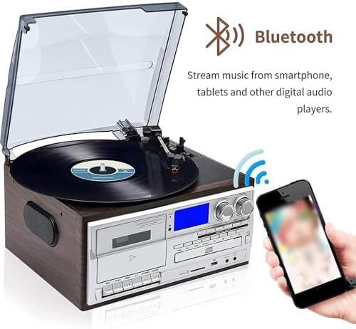 Odtwarzacz płyt Bluetooth w stylu retro, 3-biegowy winylowy gramofon, idealny dla miłośników muzyki domowej i vintage, z wbudowanymi głośnikami, odtwarzaczem CD i kasetą, osłoną przeciwpyłową