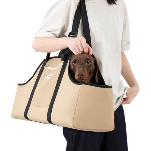 ETIAL Dachshund Shoulder Carrier Bag, Ergonomic Pet Sling with Adjustable Handheld & Crossbody Strap, Lightweight Ventilated Dog Purse for Small Long-Bodied Breeds,Safety Leash (Tan)
